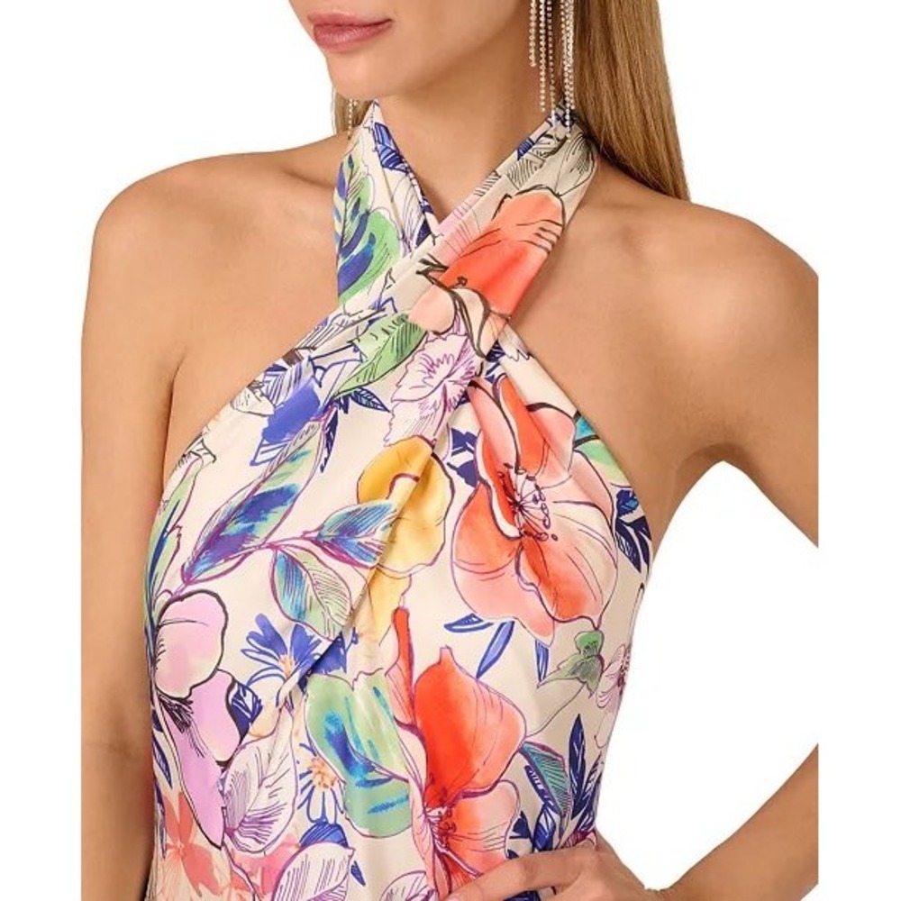 Adrianna Papell Floral Halter Maxi Dress Multi Color Satin Twist Neck Size 14NWT